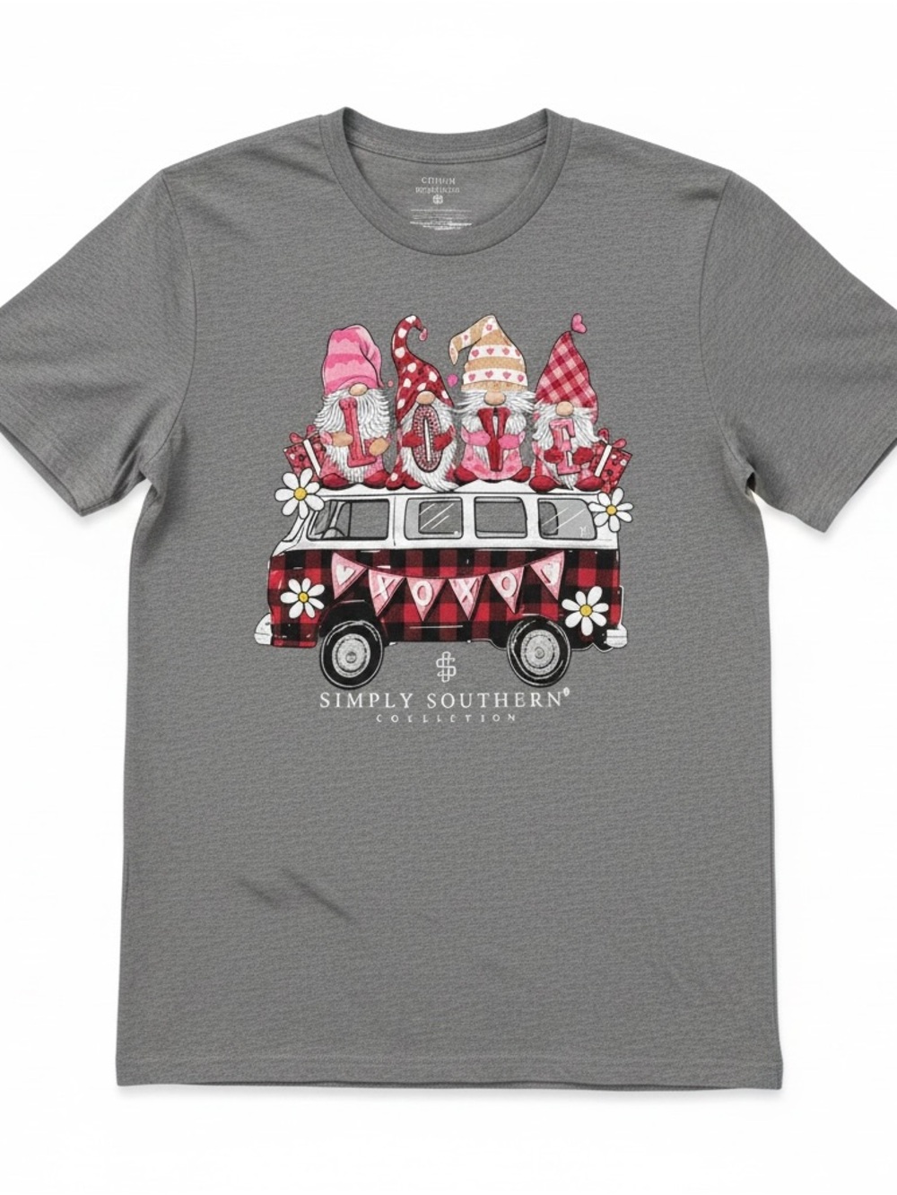 NWT Simply Southern Size M Bus Love Gnomes Short Sleeve Heather Gray T-Shirt